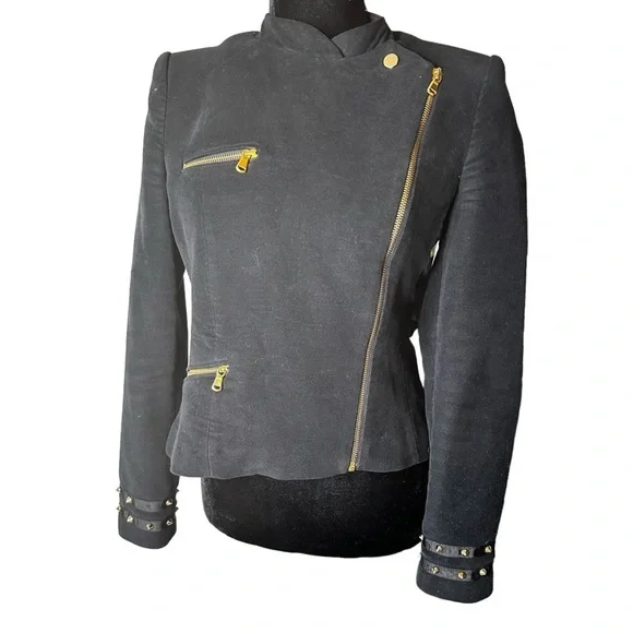 Zara Velvet Like Moto Bomber Collarless Jacket w/ Gold Zipper & Stud Detail sz M - Picture 11 of 16